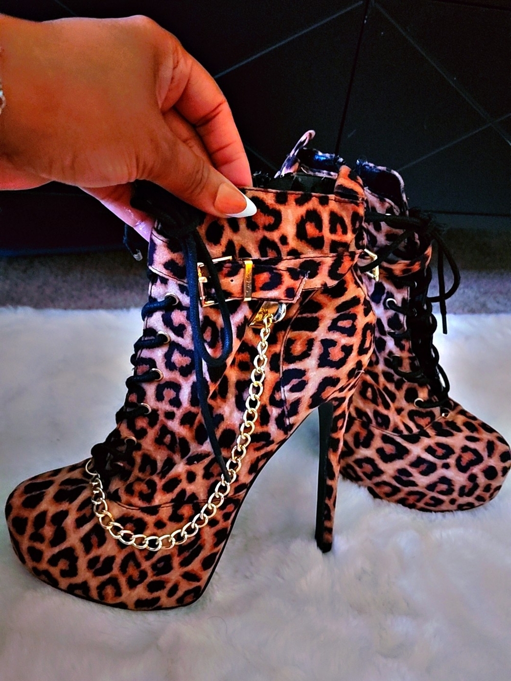 Leopard Print Lace-Up Stiletto Ankle Boots with Gold Chain
